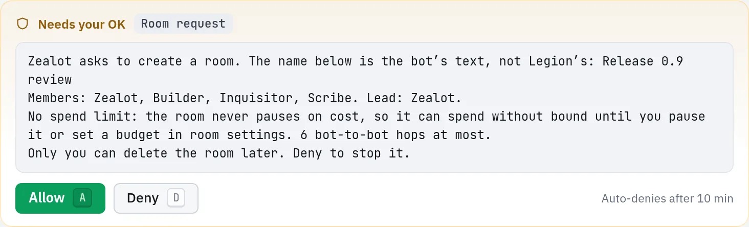 A room-request card, light theme: Needs your OK, Room request, the members and lead, a warning that there is no spend limit, Allow (A) and Deny (D) buttons, and a note that it auto-denies after 10 minutes.