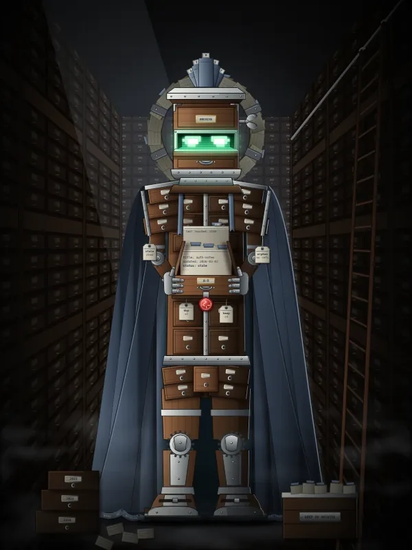 Archivist: a figure whose walnut body is a card-catalogue of small drawers, inside a dim archive.