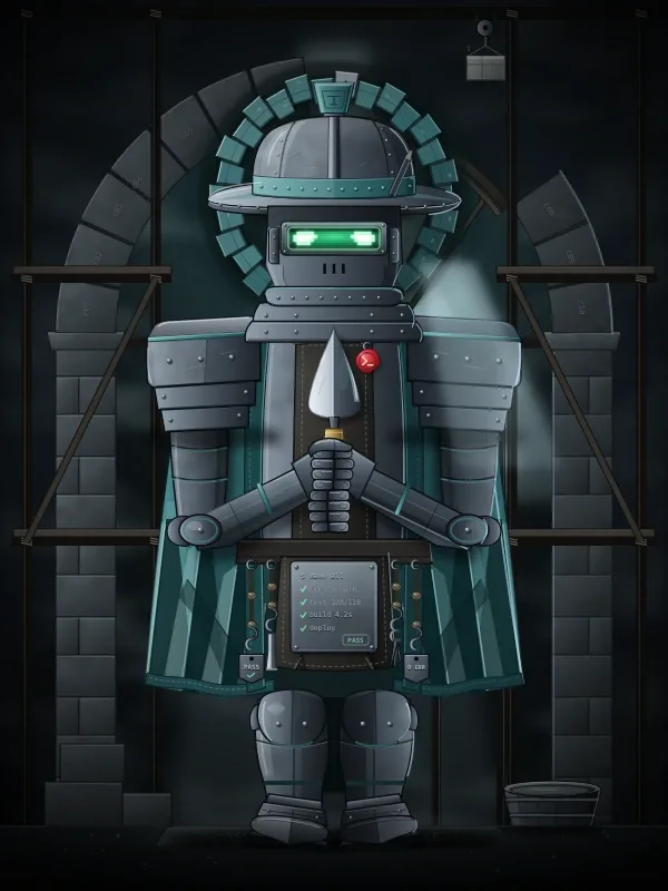 Builder: a grey armoured figure in a teal cloak holding a spike, in front of a stone arch and scaffolding.