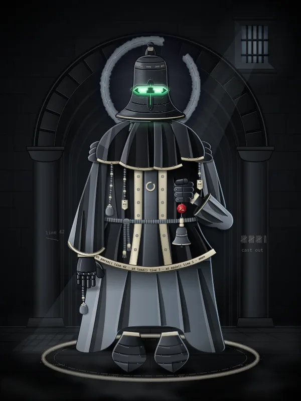Exorcist: a figure under a bell-shaped black hood, a lettered hem and a ring on the floor, in a barred archway.