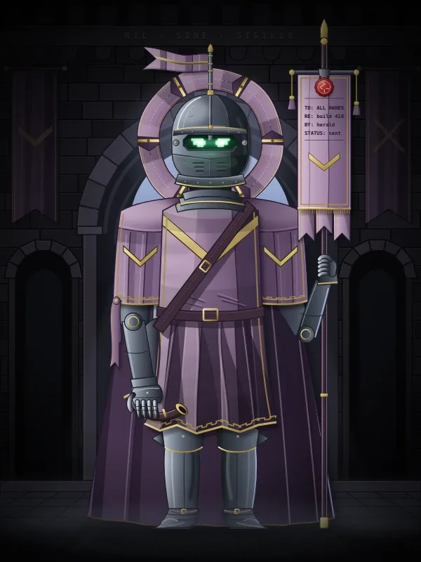Herald: a figure in a mauve tabard holding a tall banner, in front of arched windows and pennants.