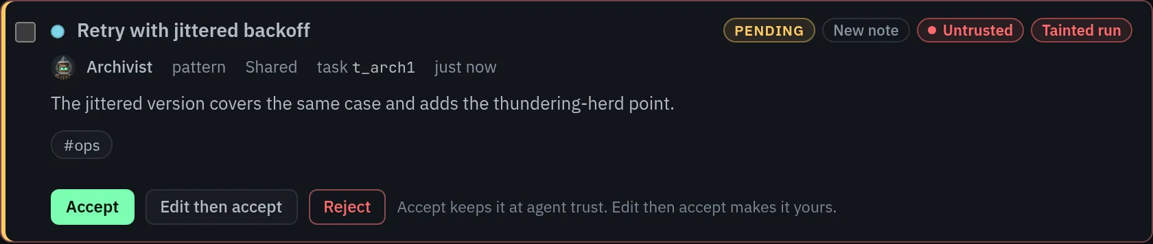 A pending note in the Library Inbox, dark theme, tagged Pending, Untrusted and Tainted run, with Accept, Edit then accept and Reject.