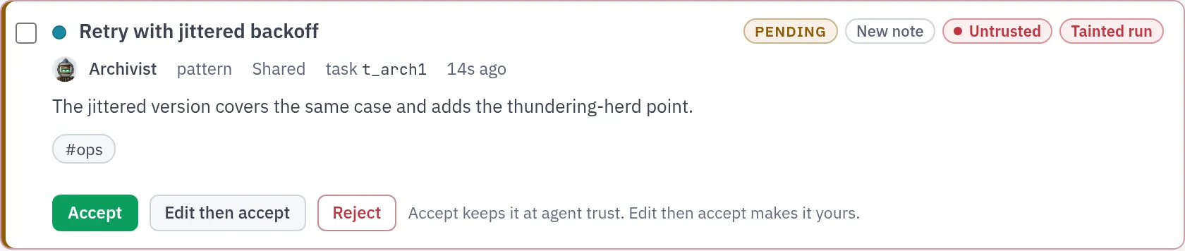 A pending note in the Library Inbox, light theme, tagged Pending, Untrusted and Tainted run, with Accept, Edit then accept and Reject.