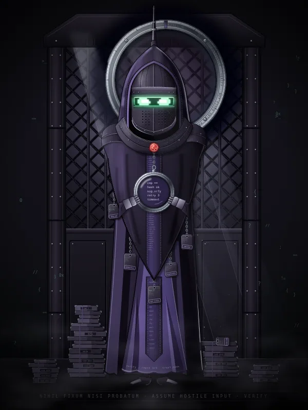 Inquisitor: a figure in a dark violet hood and robe with a silver ring at the chest, between lattice windows and stacks of files.