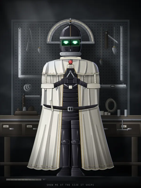 Preceptor: a figure in a long white linen coat under a protractor-shaped halo, in front of a pegboard of tools.
