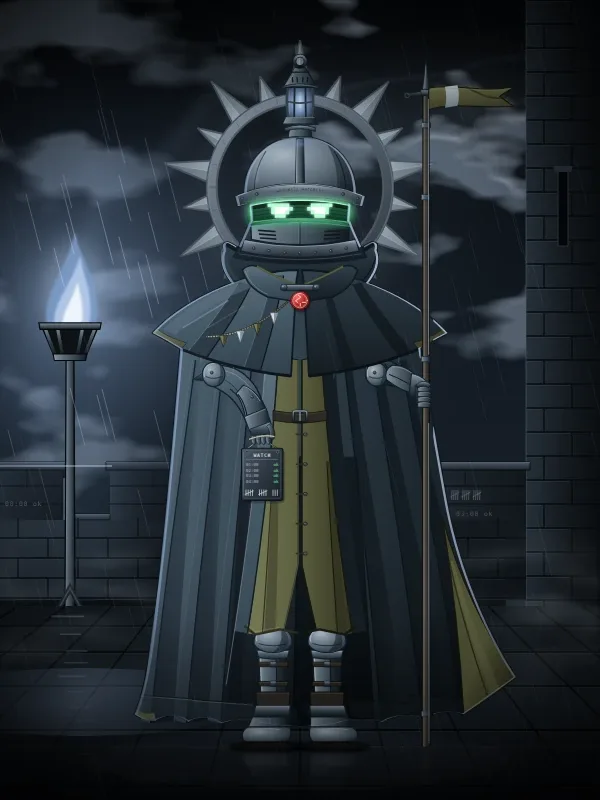 Sentinel: a figure in a slate cloak with a spiked halo, a blue-flame torch and a banner pole, on a rainy rampart.