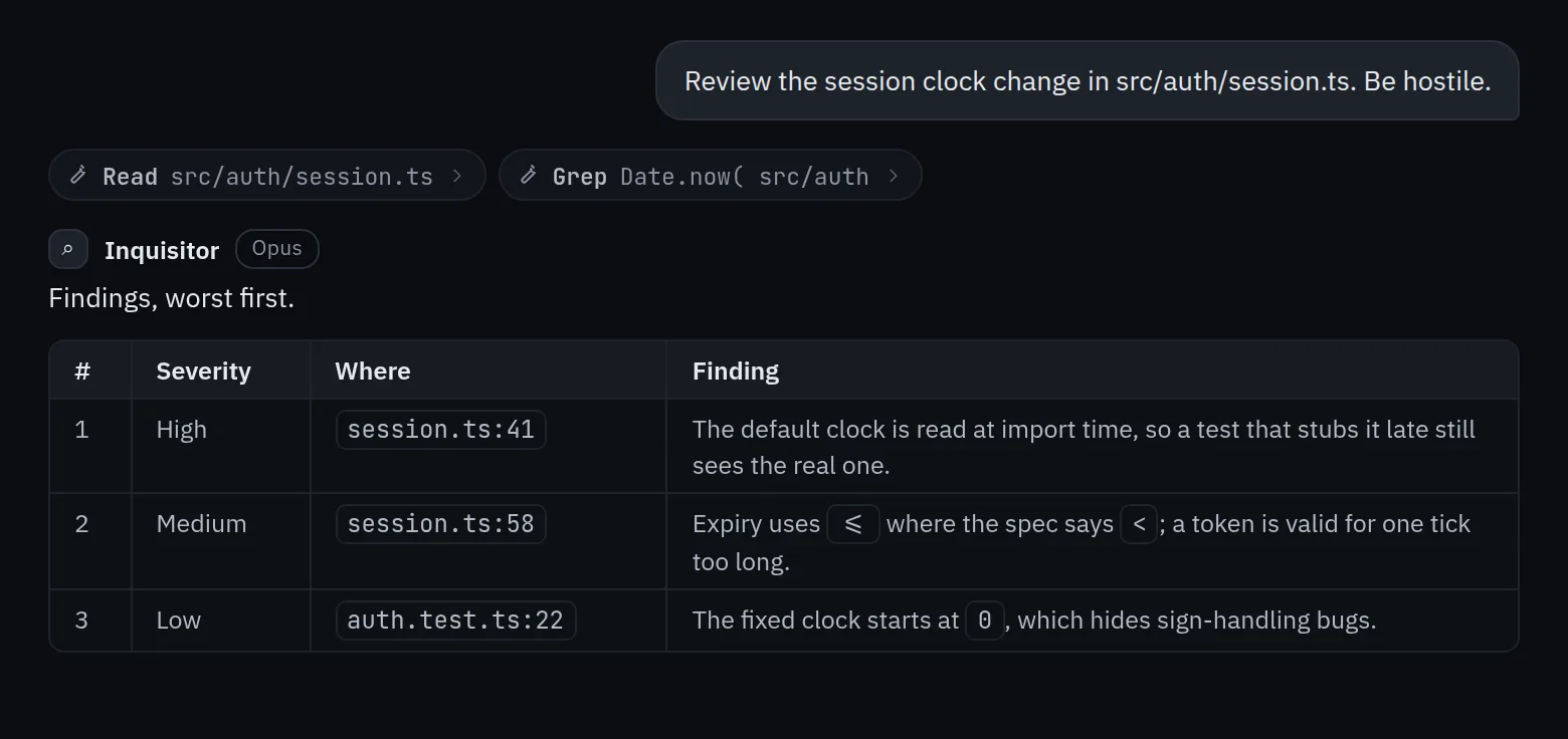 A task thread, dark theme: the user's request, two tool rows (a file read and a search), and Inquisitor's reply with a table of three findings.