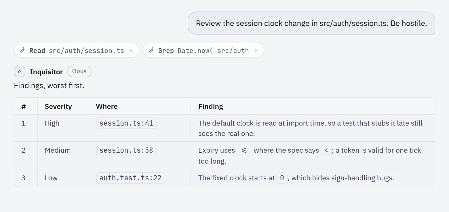 A task thread, light theme: the user's request, two tool rows (a file read and a search), and Inquisitor's reply with a table of three findings.